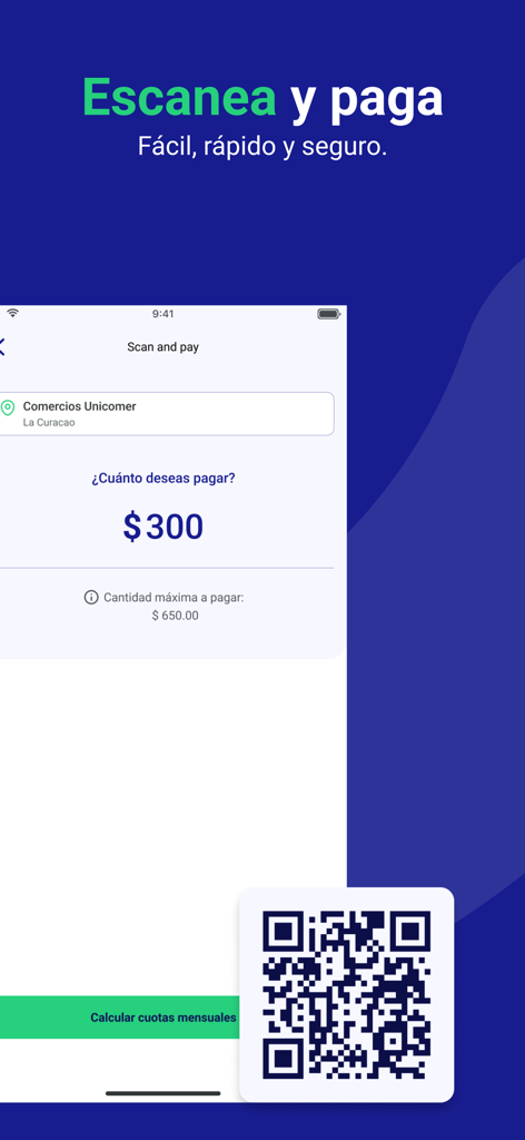 Emma Pay - Interfaz de la aplicación Emma Pay que muestra la función de escaneo y pago con un código QR y la opción de cálculo de cuotas mensuales.
