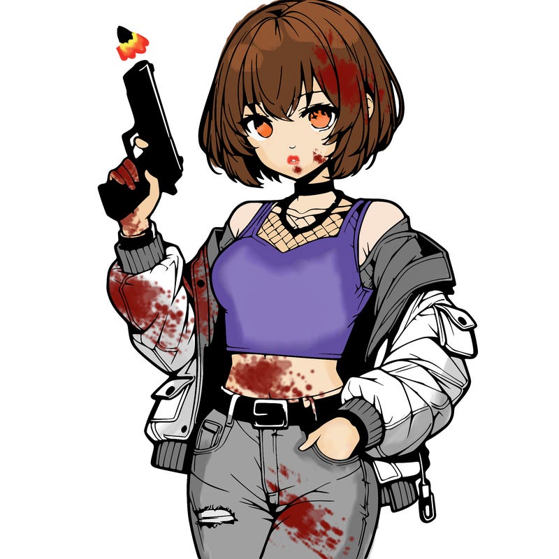 realistic anime girl with a gun wearing a crop top and a jacket and short jeans