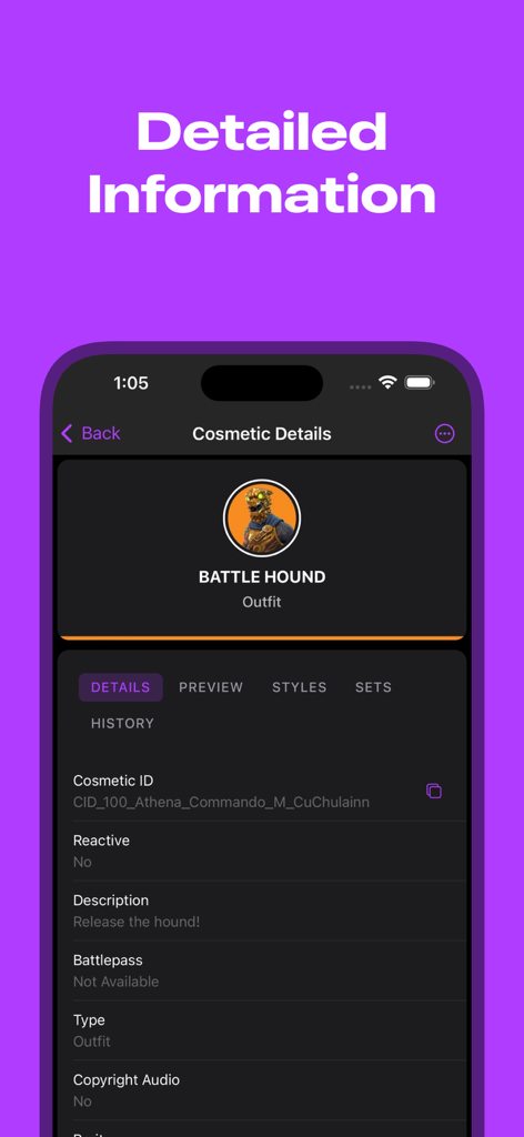 App FNTrack che mostra informazioni dettagliate per la skin dell'outfit Cacciatore di Battaglie