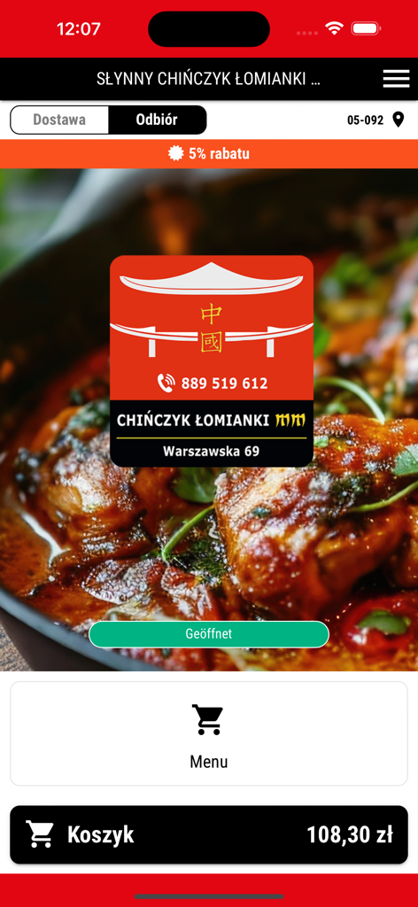 CHIŃCZYK ŁOMIANKI MM - Interface of the Chinczyk Lomianki MM mobile app for ordering Chinese food showing delivery and pickup options