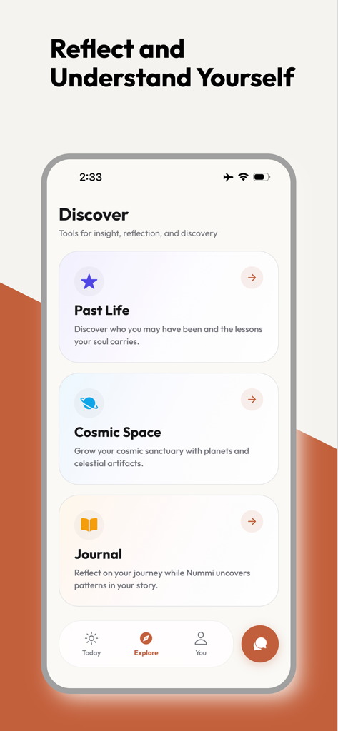 Nummi AI - Nummi AI app Discover screen showing Past Life, Cosmic Space, and Journaling tools for self-reflection.