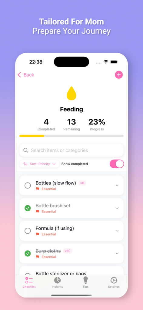 Baby Checklist app screen showing essential feeding items and shopping progress tracking