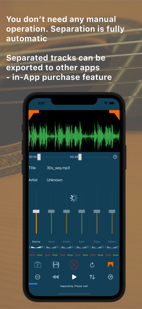 Let's Unmix - Smartphone screen showing the Let's Unmix app interface with automatic audio track separation for vocals and instruments.
