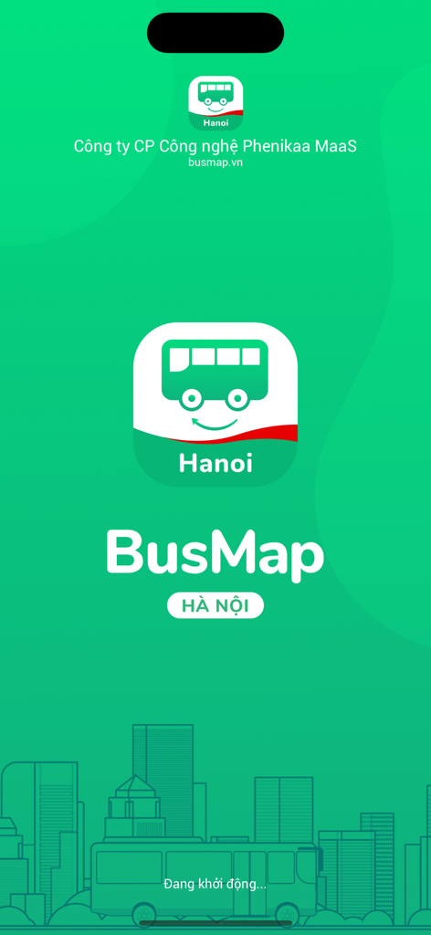 BusMap Hanoi mobile app splash screen with logo and city skyline silhouette