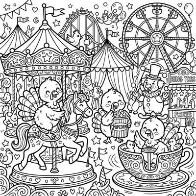 Join adorable baby turkeys for a whimsical day at the carnival! This lively coloring page features exciting rides and games, promising hours of creative fun.