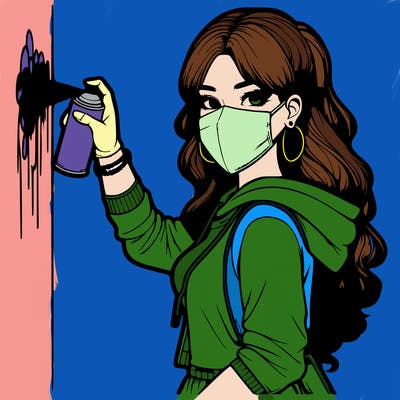realistic girl with mask spray painting a wall