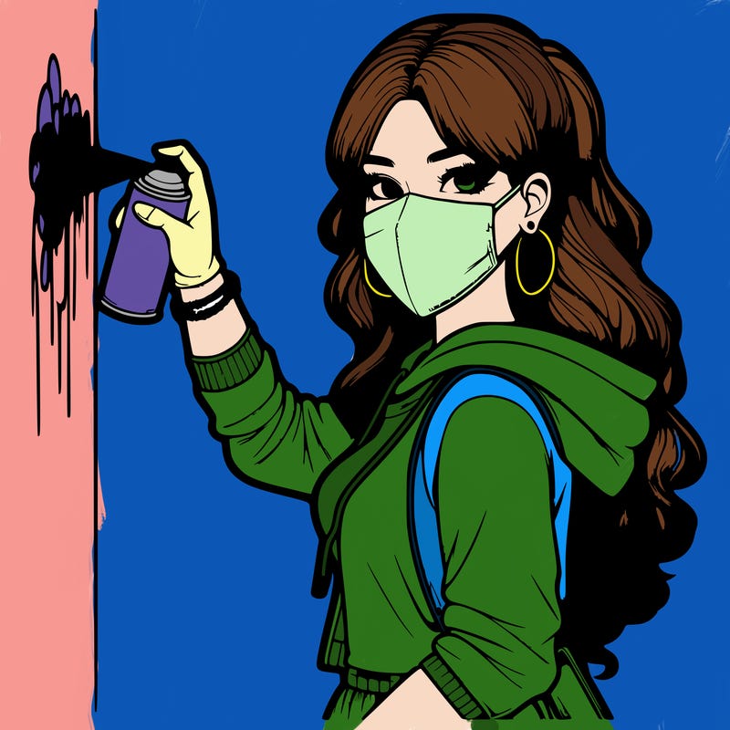realistic girl with mask spray painting a wall