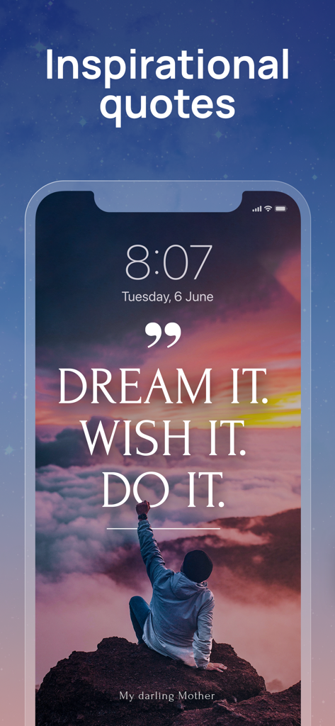 Quotes Maker: Daily Motivation - Cita inspiradora 'Sueña, Deséalo, Hazlo' en la pantalla de bloqueo de un iPhone.