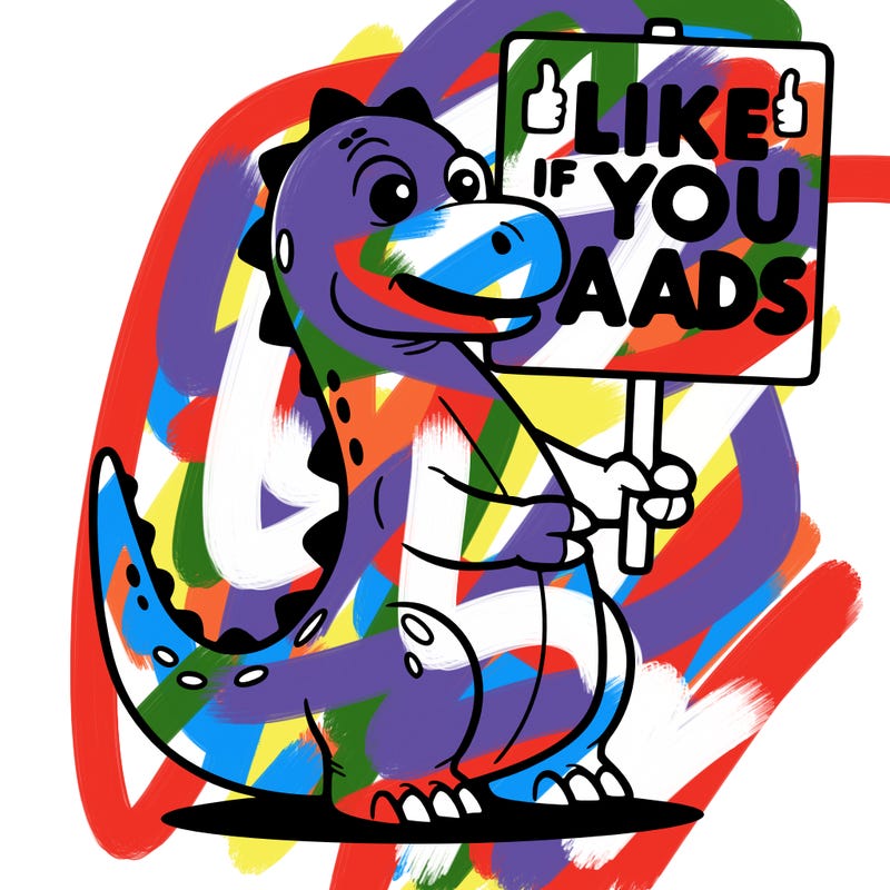 dinosaur holding a sign that says like if you hate ads