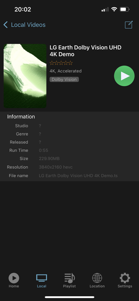 HD Playerのメタデータ画面に、ローカルビデオファイルの4K解像度とDolby Vision再生の詳細が表示されています