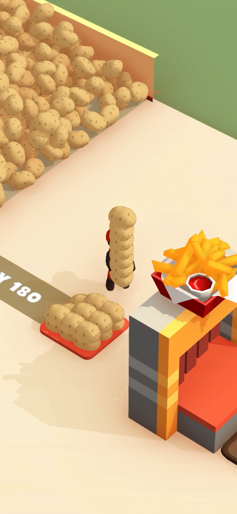 Un personnage transportant une grande pile de pommes de terre vers une station de frites dans le jeu mobile Burger Please
