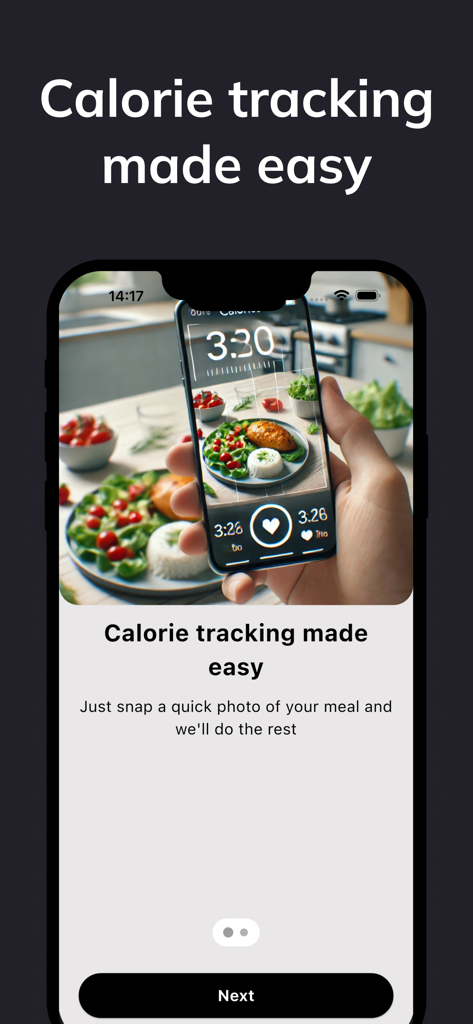 Interface do aplicativo Fit AI mostrando rastreamento fácil de calorias tirando uma foto de uma refeição
