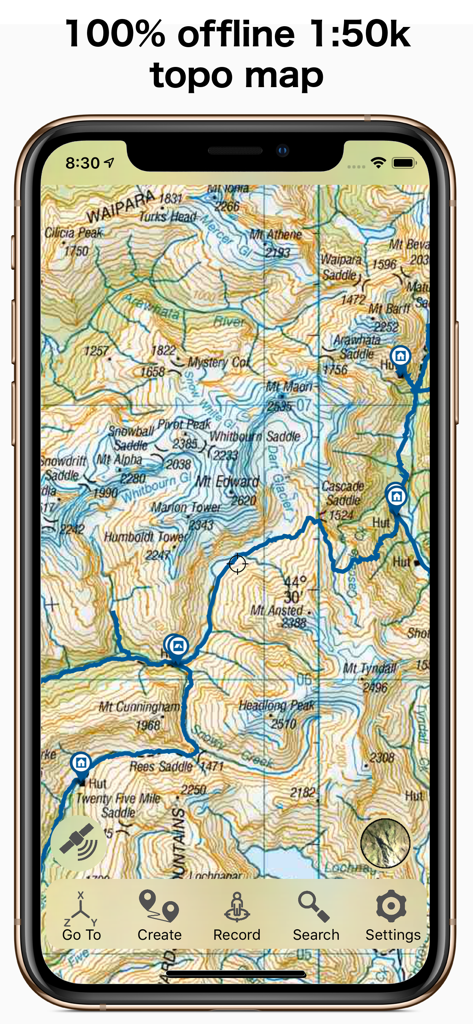 Smartphone interface of the NZ Topo50 South Island app displaying a detailed 1:50k scale offline topographic map with mountain terrain and hiking tracks