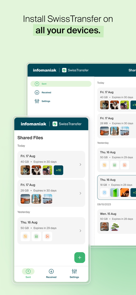 Infomaniak SwissTransfer - Interfaccia dell'app SwissTransfer che mostra un elenco di file condivisi con dimensioni e dettagli di scadenza su dispositivi mobili e desktop