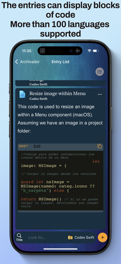 Archivador - Pantalla de smartphone mostrando la aplicación Archivador con un bloque de código Swift y resaltado de sintaxis.