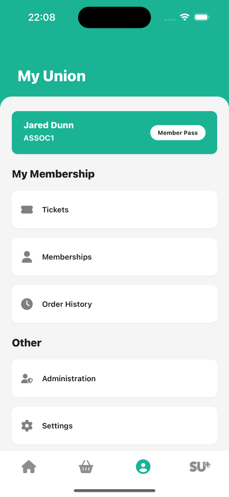 The My Union profile page in the Students Union app displaying memberships and ticket history