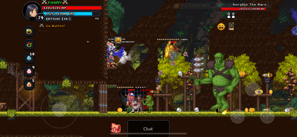Jugadores luchando contra un jefe ogro verde gigante en el MMORPG pixel art GoBattle.io