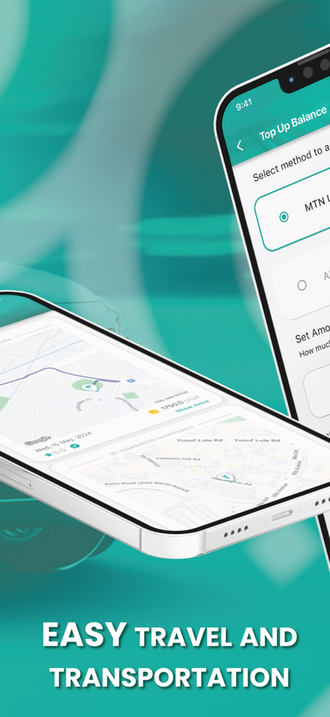 Ride Now - Uganda - Ride Now Uganda mobile app screens showing map navigation and payment top up options