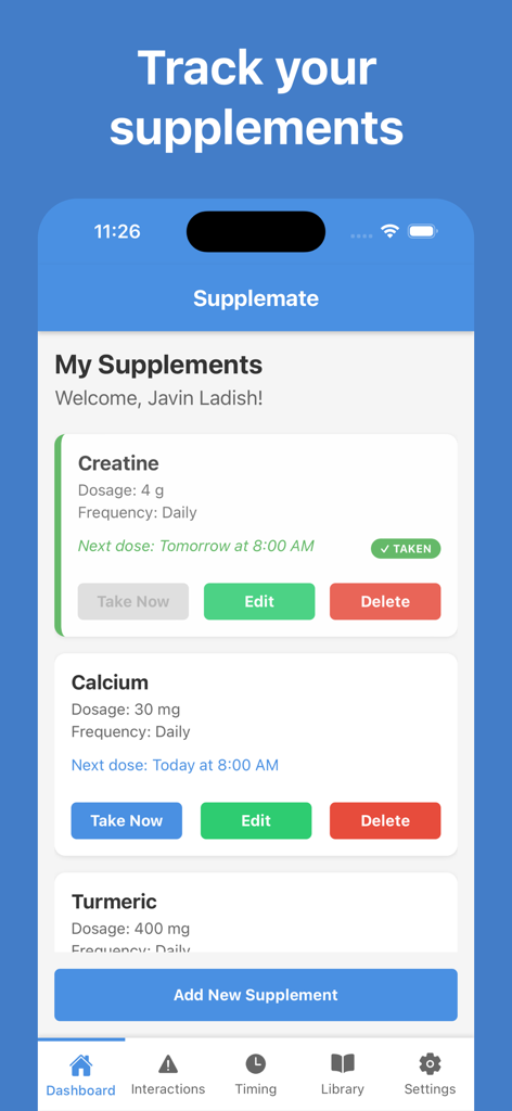 Supplemate: Supplement Tracker - Supplemate mobile app dashboard showing a list of tracked supplements with schedules and dosages