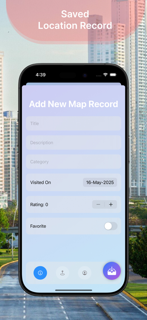 Tracking Maps Max+ - A smartphone displaying the Add New Map Record screen for logging travel locations and memories.