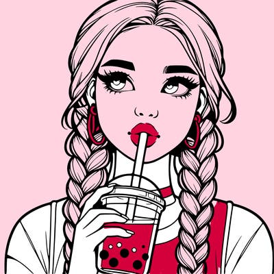 realistic girl with braided hair drinking boba