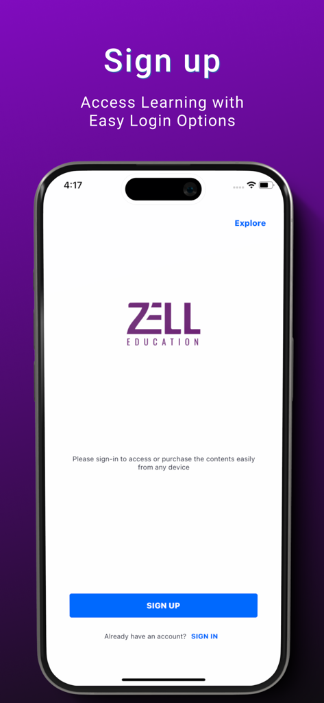 Sign up screen for the Zell Education app featuring easy login options for finance and accounting courses.