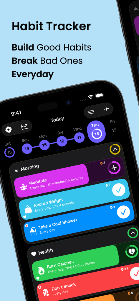 Grit habit tracker app interface showing daily progress and health habits on iPhone