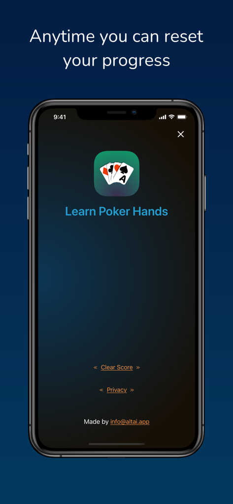 Poker Hands Quiz - Pantalla de configuración de la aplicación Quiz de Manos de Póker que muestra la opción de restablecer el progreso del usuario y borrar la puntuación en un iPhone.