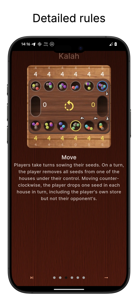 Mancala games - Detailed rules screen for the Kalah variant in the Mancala games app