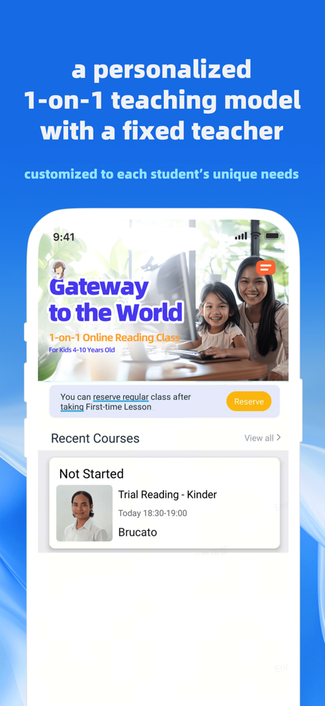 CampusTop app interface highlighting a personalized one on one teaching model for kids