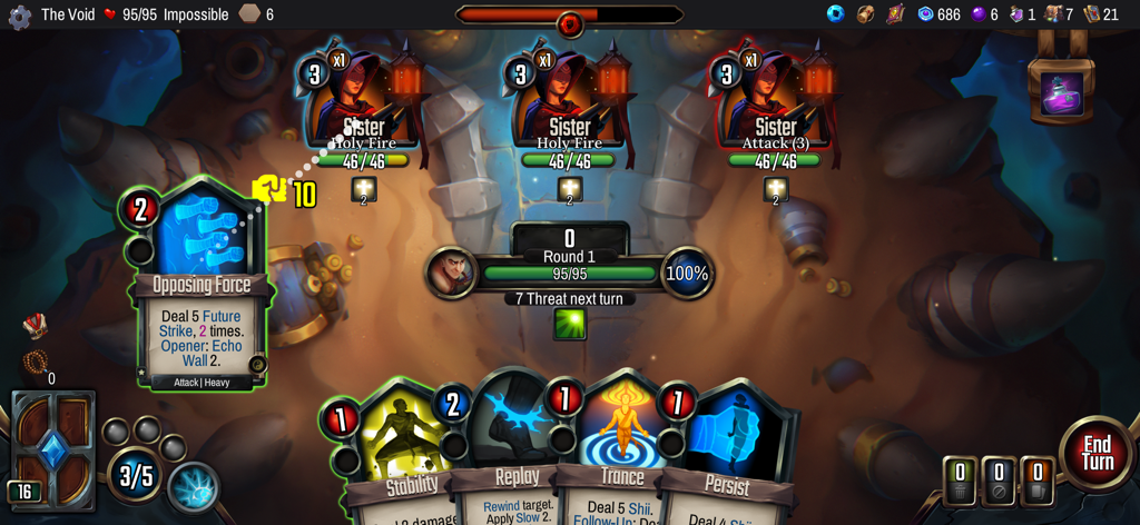 Vault of the Void - Vault of the Void gameplay showing a strategic card battle against three enemy sisters with various combat cards in hand