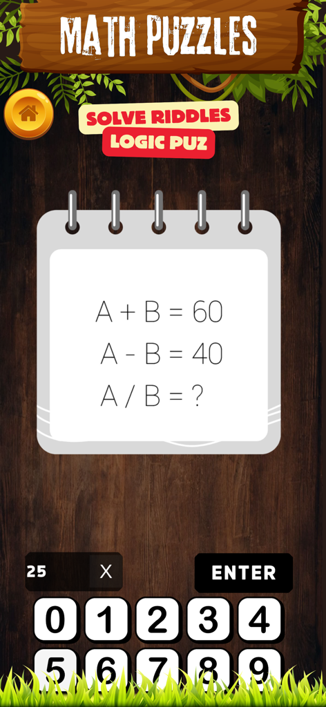 Pantalla de acertijo matemático con ecuaciones algebraicas y un teclado numérico para resolver rompecabezas lógicos