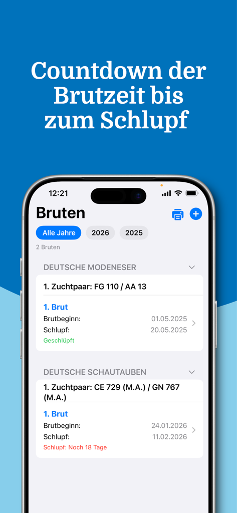 Pigeon Manager - Pigeon Manager app screen showing a list of pigeon breeding pairs and a countdown timer for egg hatching.