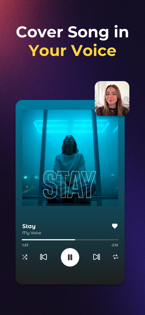 Sing AI: Cover Songs & Music - Sing AI app interface showing a music player for a cover song created with AI voice cloning