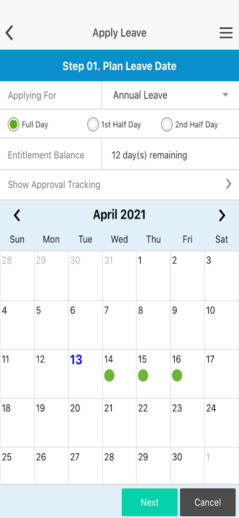 Pro-Int HRIS Mobile - Pro-Int HRIS Mobile app screen for applying annual leave featuring a calendar and entitlement balance