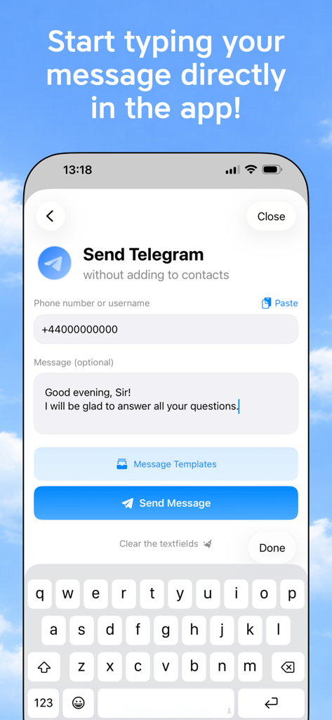 QuickChat: communicate faster - Interface of QuickChat app showing how to send a Telegram message to a phone number without saving it to contacts