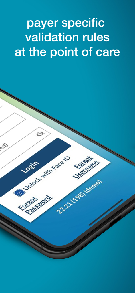 Mobile Caregiver+ - Mobile Caregiver plus app login interface featuring Face ID unlock and payer specific validation rules text.