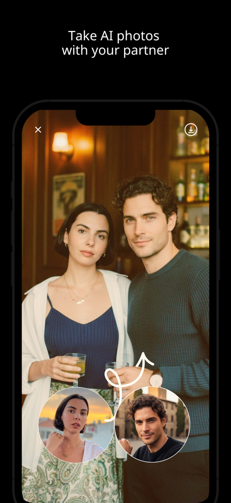 Kimo: AI Photo & Face Analyzer - A screenshot of the Kimo app demonstrating the AI photo generation feature for couples using two separate selfies.