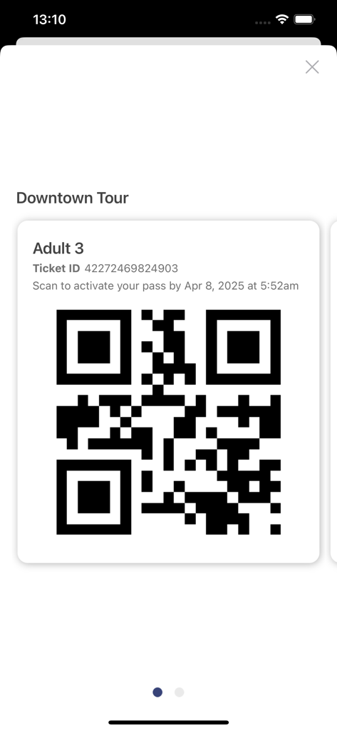 Digital QR code ticket for a TopView NYC downtown bus tour on a mobile screen