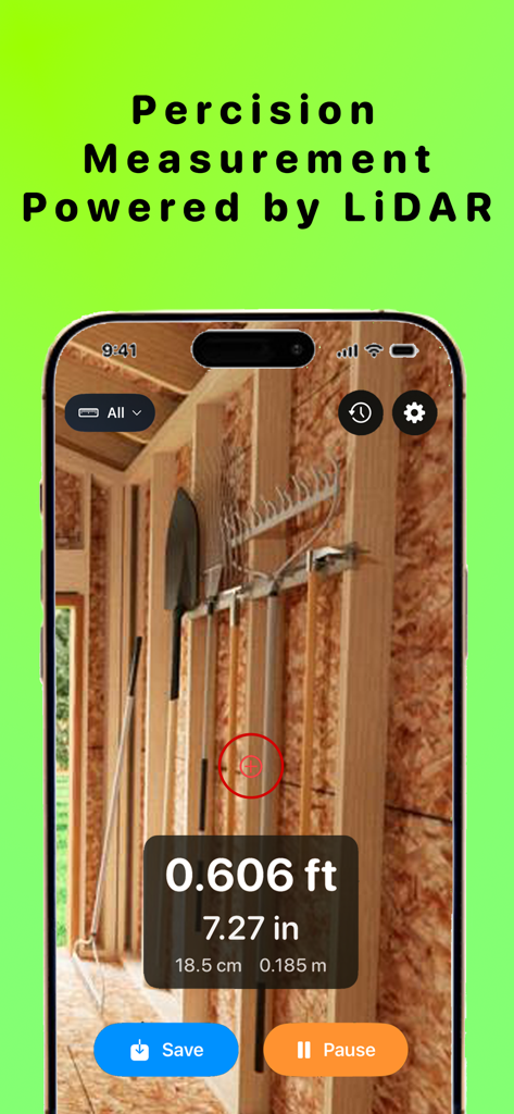 Distance Laser - Interfaz de la aplicación Distance Laser que muestra mediciones de precisión en tiempo real impulsadas por LiDAR