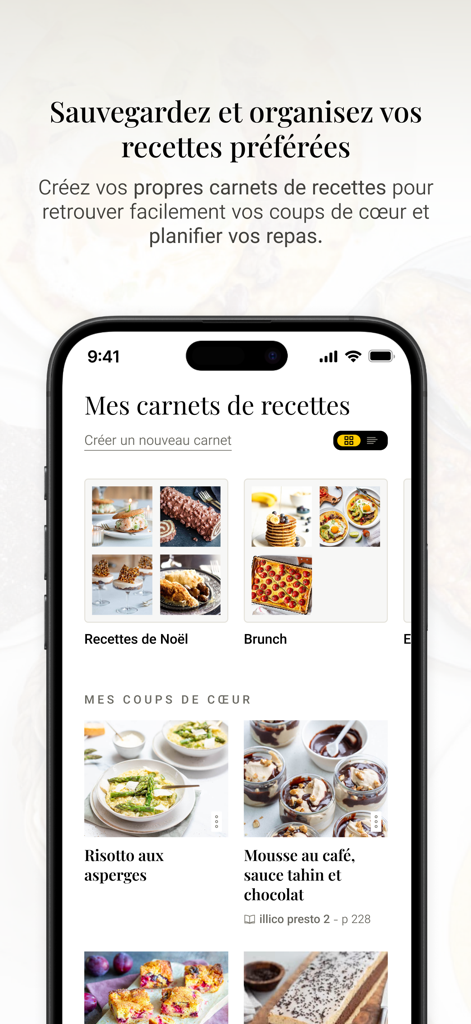 Yummixアプリのインターフェース。お気に入りのThermomixレシピを整理して保存するための「マイレシピノートブック」機能が表示されています。