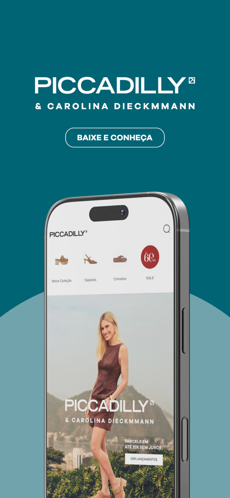 L'interface de l'application d'achat Piccadilly affichant la nouvelle collection de chaussures et l'actrice Carolina Dieckmann.