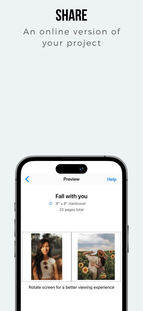 Una pantalla móvil que muestra la vista previa y la función de compartir en línea para un proyecto de libro de fotos personalizado