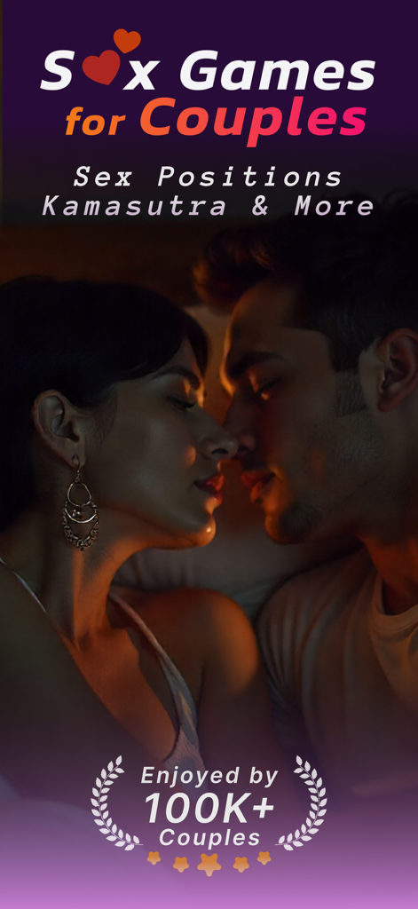 Sex Positions Game :TwoJoy - TwoJoyアプリのプロモーション画面。親密なカップルと、セックスゲームやカマストラポーズに関するテキストが表示されています。