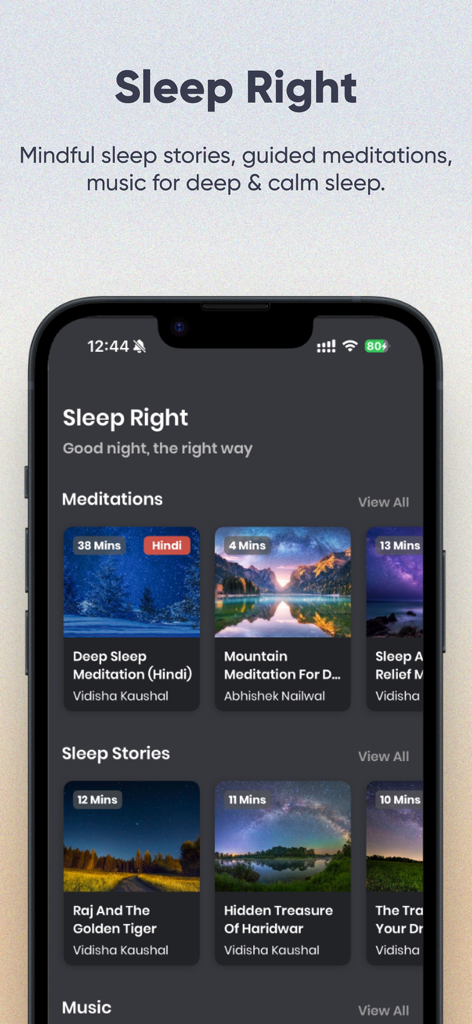 ThinkRight: Meditation & Sleep - ThinkRight app interface showing a selection of guided sleep meditations and mindful sleep stories
