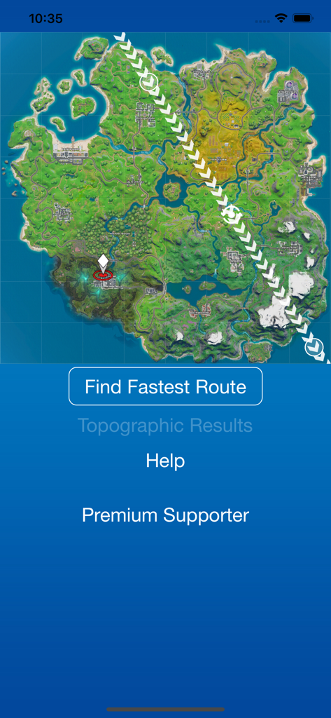CoPilot - Landing Assistant - Interface of the CoPilot Landing Assistant app showing a Fortnite map with a battle bus path and target landing destination