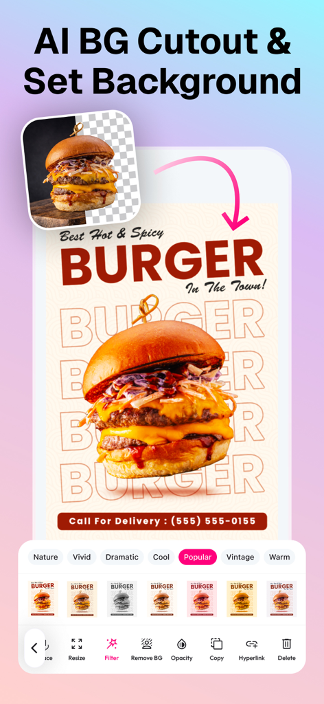 Flayer: AI Poster Maker, Flyer - ハンバーガー広告チラシを作成するためのAI背景除去機能