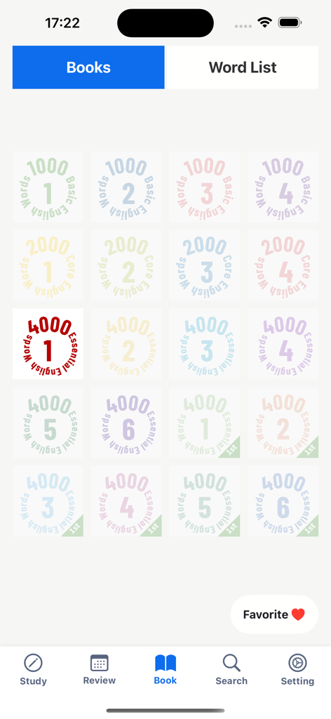 4000 Essential English Words ⑴ - Interfaz que muestra una colección de libros de vocabulario en inglés categorizados por niveles de dificultad