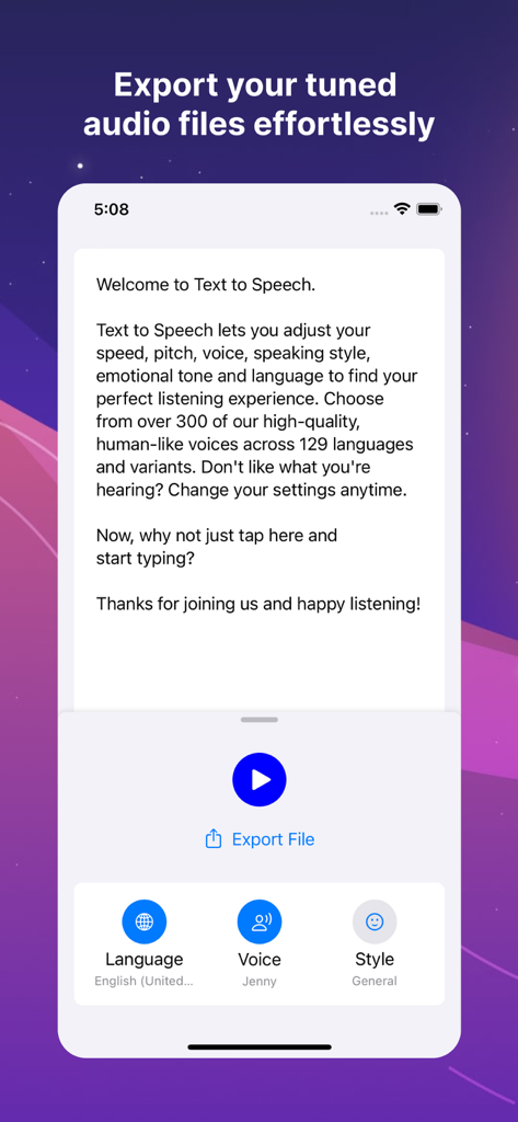Text to Speech: Voice Reader - Interfaz de la aplicación móvil Texto a Voz: Lector de Voz que muestra un campo de entrada de texto y una opción para exportar archivos de audio ajustados.