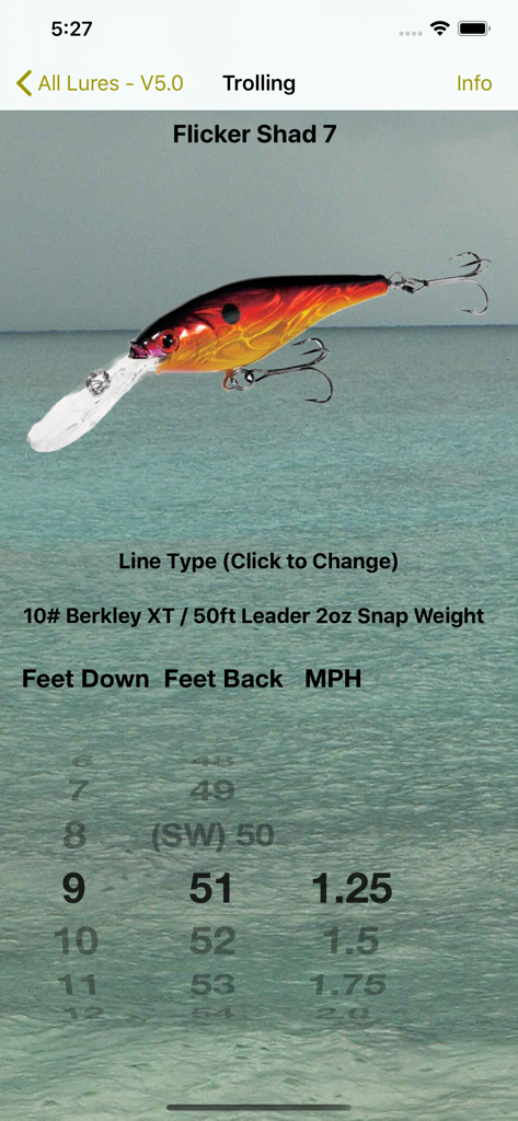 Precision Trolling app interface showing depth calculation for a Flicker Shad 7 lure using adjustable data wheels for feet down and feet back